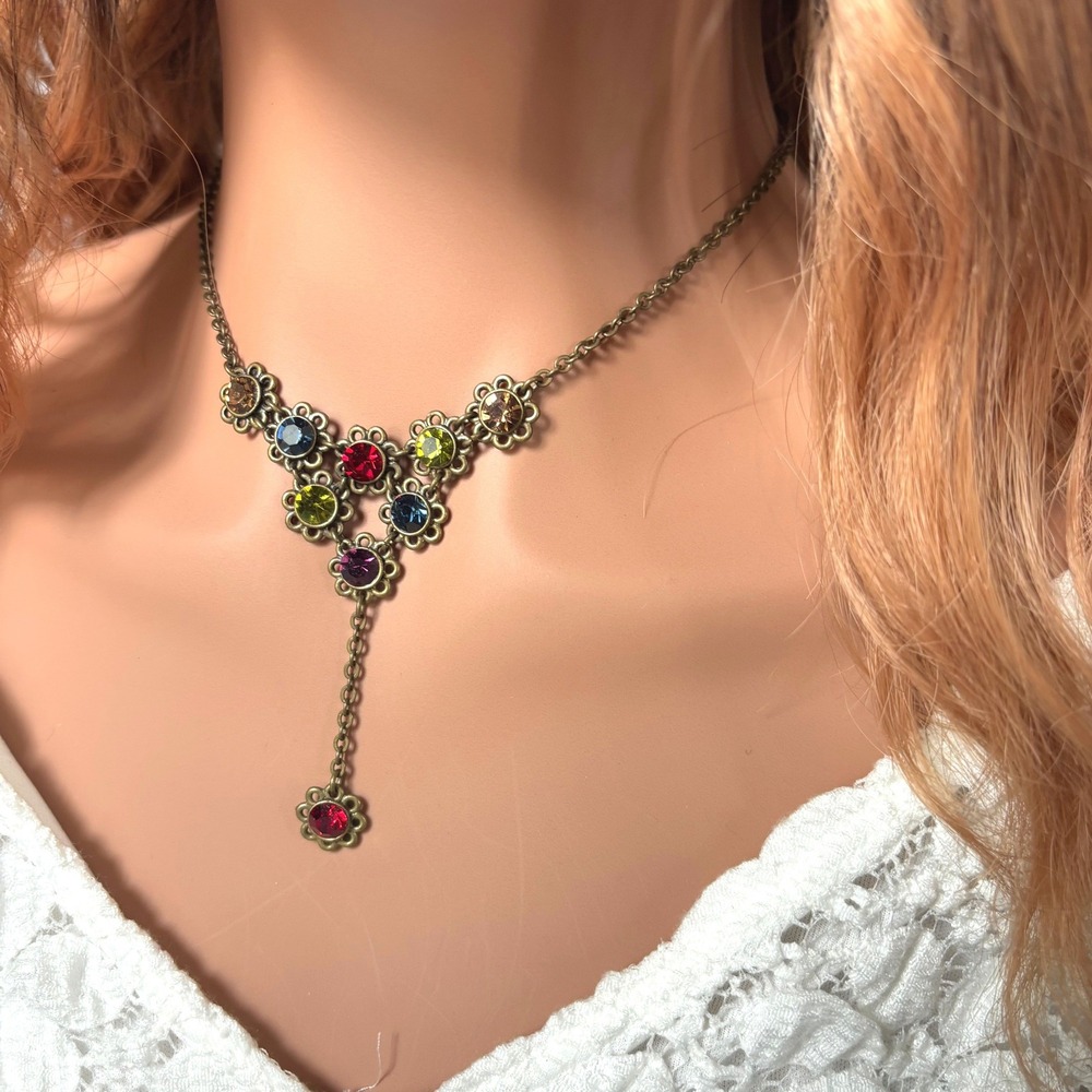 VCLM Renaissance Necklace Y-Drop Rhinestone Antique Bronze Tone Victorian 21862